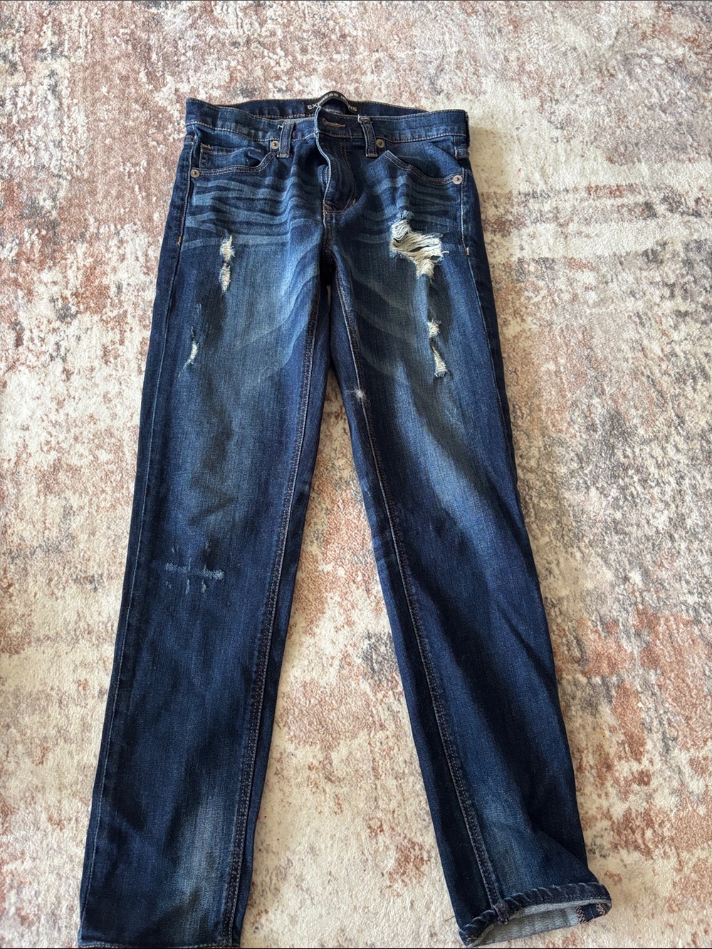 Express Women’s Straight Jeans in Dark Blue with Distressed Detail
